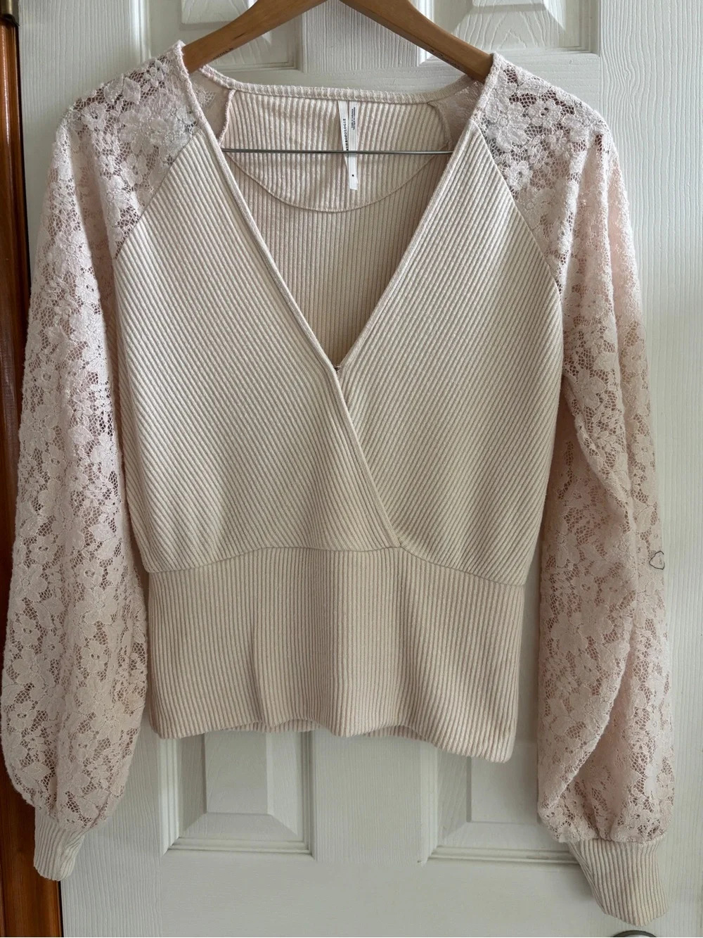 Anthropologie Cream Ribbed V-Neck Top with Lace Sleeves